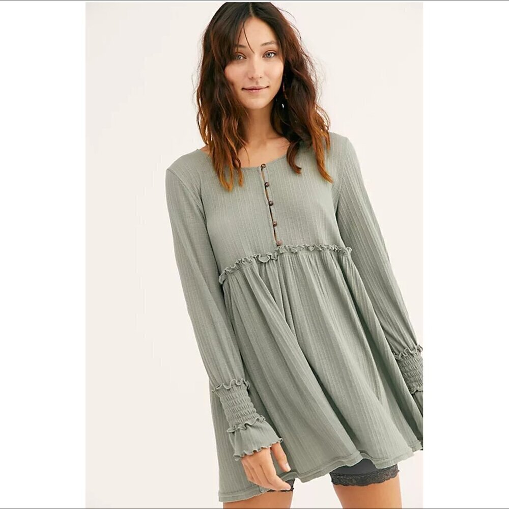 FP Free People Beach High Tides mini dress knit green ribbed babydoll smocked XS
